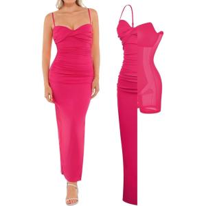 imagePopilush Womens Summer Maxi Dress  Shapewear Long Formal Cocktail Party Dresses Ruched Bodycon DressRed