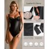 imagePopilush Black Leather Body Suits for Womens Tummy Control Bodysuits Lace Corset Tops Faux Leather Thong Body Shaper Large