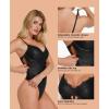 imagePopilush Leather Bodysuits for Women Tummy Control Shapewear Lace V Neck Corset Tops Faux Leather Thong Body SuitsBlack