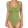 imagePopilush Bodysuits for Women Tummy Control Henley Going Out Shirts Button Down Body Suit Thong Tank TopsGreen Button Shapewear Bodysuit