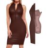 imagePopilush Faux Leather Dress for Women  Midi V Neck Dresses Shapewear Body con Dress Women  Date Night OutfitBrown