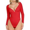 imagePopilush Lace Shapewear Bodysuit Long Sleeve Body suits Womens Deep V Neck Tummy Control Corset Top Trendy Going Out TopsRed