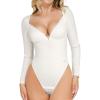 imagePopilush Lace Shapewear Bodysuit Long Sleeve Body suits Womens Deep V Neck Tummy Control Corset Top Trendy Going Out TopsWhite