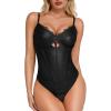 imagePopilush Leather Bodysuits for Women Tummy Control Shapewear Lace V Neck Corset Tops Faux Leather Thong Body SuitsBlack
