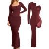 imagePopilush Long Sleeve Maxi Dress Bodycon Cocktail Dress Shapewear Tummy Control Fall Formal Dresses Builtin BraDark Red