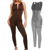 imagePopilush The Shapewear Jumpsuit Workout Jumpsuits with Pockets  Zip up Jumpsuits for WomenBrown Sleeveless Exercise Jumpsuits