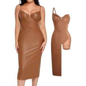 imagePopilush Corset Shapewear Dress Faux Leather Club Midi Dress V Neck Night Out Bodycon Dresses for WomenBrown