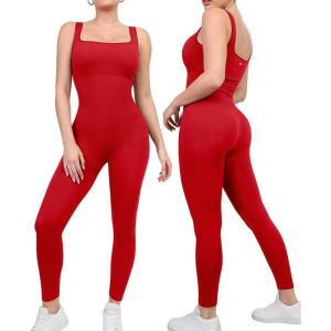 imagePopilush Jumpsuits for Women BuiltIn Bra Square Neck Ribbed Bodycon Workout Seamless Leggings Rompers BodysuitsBright Red