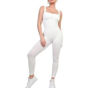 imagePopilush Jumpsuits for Women BuiltIn Bra Square Neck Ribbed Bodycon Workout Seamless Leggings Rompers BodysuitsWhite