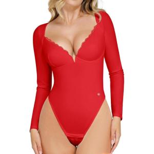 imagePopilush Lace Shapewear Bodysuit Long Sleeve Body suits Womens Deep V Neck Tummy Control Corset Top Trendy Going Out TopsRed