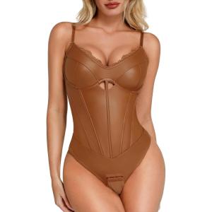 imagePopilush Leather Bodysuits for Women Tummy Control Shapewear Lace V Neck Corset Tops Faux Leather Thong Body SuitsBrown