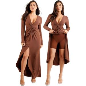 imagePopilush Long Sleeve Formal Dresses for Women 8 In 1 Bodycon Dress with Built In Shapewear Wedding Guest Dress 2024Brown