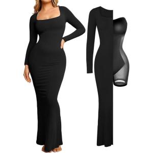 imagePopilush Long Sleeve Maxi Dress Bodycon Cocktail Dress Shapewear Tummy Control Fall Formal Dresses Builtin BraBlack