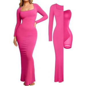 imagePopilush Long Sleeve Maxi Dress Bodycon Cocktail Dress Shapewear Tummy Control Fall Formal Dresses Builtin BraPink