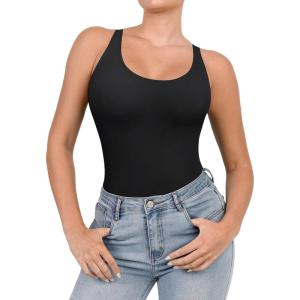 imagePopilush Shapewear Bodysuit for Women Round Neck Sleeveless T Shirt Tank Tops Thong Bodysuits JumpsuitsBlack