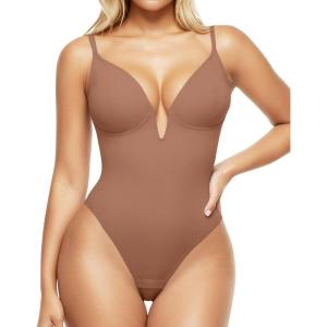 imagePopilush Shapewear Bodysuits for Women  Tummy Control Body Suits for Womens Deep V Corset Tops Thong Concert OutfitsLight Brown