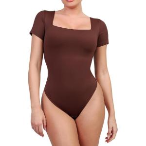 imagePopilush Shapewear Bodysuits for Women with Built In Bra Square Neck Short Sleeve Thong Body Suits Corset Tops