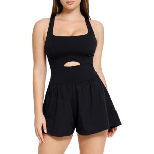 imagePopilush Shapewear Jumpsuit Workout Romper Tennis Dress Look Athletic Rompers For Women Waist Cutout DesignBlack