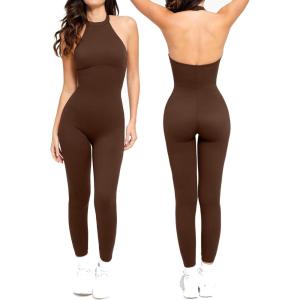 imagePopilush Shapewear Jumpsuit Workout Rompers for Women Summer Halter Neck Backless Bodycon Tummy Control BodysuitDark Brown