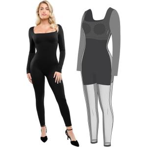 imagePopilush Shapewear Jumpsuit for Women Built In Shapewear Long Sleeve Tummy Control Bodysuit Body Shaper RomperBlack