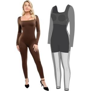 imagePopilush Shapewear Jumpsuit for Women Built In Shapewear Long Sleeve Tummy Control Bodysuit Body Shaper RomperBrown