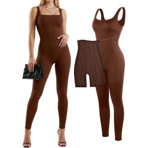 imagePopilush Shapewear Jumpsuits for Women Builtin Bra Tummy Control Bodysuit Square Neck Sport Romper Summer OutfitBrown
