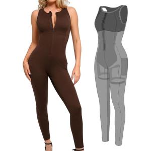 imagePopilush The Shapewear Jumpsuit Workout Jumpsuits with Pockets  Zip up Jumpsuits for WomenBrown Sleeveless Exercise Jumpsuits