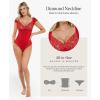 imagePopilush Lace Tops Body Suits for Womens Tummy Control Shapewear Bodysuit V Neck Party Date Night Outfit Body ShaperRed