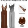 imagePopilush Shapewear Jumpsuit for Women  Lace Jumpsuit Built in Shapewear V Neck Spaghetti Straps Wide Leg RomperBrown