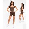 imagePopilush Shapewear Rompers for Women Short Sleeve Bodycon Jumpsuit Stretchy Square Neck Seamless PlaysuitBrown