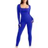 imagePopilush Jumpsuits for Women Long Sleeve BuiltIn Bra Square Neck Full Length Leggings Bodycon Stretch Workout OutfitsBlue