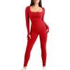 imagePopilush Jumpsuits for Women Long Sleeve BuiltIn Bra Square Neck Full Length Leggings Bodycon Stretch Workout OutfitsRed