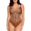 imagePopilush Lace Body Suits Women  Tummy Control V Neck Bodysuit with Side Zipper Going Out Corset Tops for Women Trendy 2025Brown