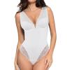 imagePopilush Lace Bodysuits for Women Tummy Control Body Suits Deep V Neck Thong Shapewear Going Out Corset TopsWhite
