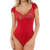 imagePopilush Lace Tops Body Suits for Womens Tummy Control Shapewear Bodysuit V Neck Party Date Night Outfit Body ShaperRed