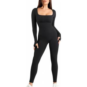 imagePopilush Jumpsuits for Women Long Sleeve BuiltIn Bra Square Neck Full Length Leggings Bodycon Stretch Workout OutfitsBlack
