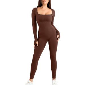 imagePopilush Jumpsuits for Women Long Sleeve BuiltIn Bra Square Neck Full Length Leggings Bodycon Stretch Workout OutfitsBrown