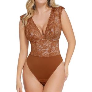imagePopilush Lace Body Suits Women  Tank Top Thong Shapewear Tummy Control Going Out Tops Deep V Neck BodySuitBrown
