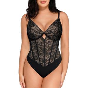 imagePopilush Lace Body Suits Women  Tummy Control V Neck Bodysuit with Side Zipper Going Out Corset Tops for Women Trendy 2025Black