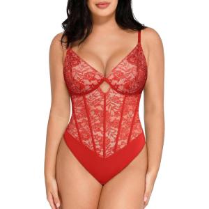 imagePopilush Lace Body Suits Women  Tummy Control V Neck Bodysuit with Side Zipper Going Out Corset Tops for Women Trendy 2025Red