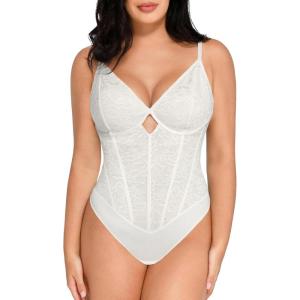 imagePopilush Lace Body Suits Women  Tummy Control V Neck Bodysuit with Side Zipper Going Out Corset Tops for Women Trendy 2025White