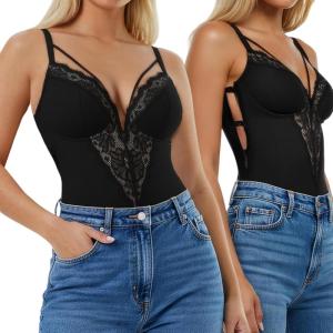 imagePopilush Lace Bodysuits for Women  V Neck Tummy Control Shapewear with Underwire Bra Side Zipper  Club OutfitsBlack