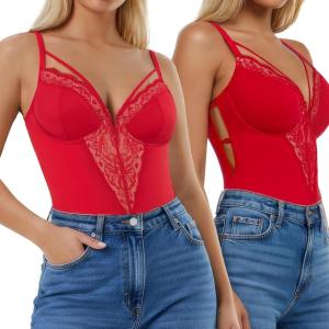 imagePopilush Lace Bodysuits for Women  V Neck Tummy Control Shapewear with Underwire Bra Side Zipper  Club OutfitsRed