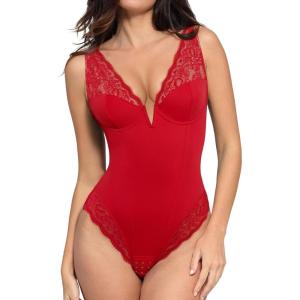 imagePopilush Lace Bodysuits for Women Tummy Control Body Suits Deep V Neck Thong Shapewear Going Out Corset TopsRed