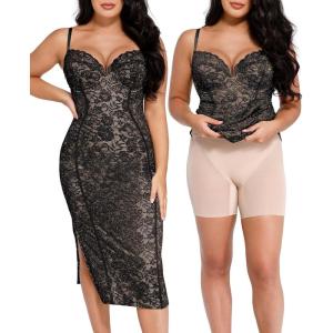 imagePopilush Lace Cocktail Dresses for Women  Formal Party Corset Shapewear Dress Deep V Neck Midi Dress with Side SlitBlack