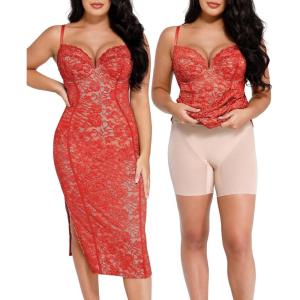 imagePopilush Lace Cocktail Dresses for Women  Formal Party Corset Shapewear Dress Deep V Neck Midi Dress with Side SlitBurgundy