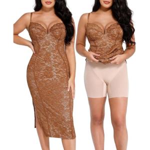 imagePopilush Lace Cocktail Dresses for Women  Formal Party Corset Shapewear Dress Deep V Neck Midi Dress with Side SlitCaramel