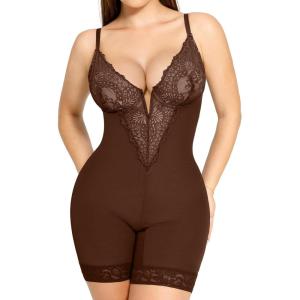 imagePopilush Shapewear Bodysuit Tummy Control  Deep V Neck Sleeveless Lace Corset Shapewear Tops Body ShaperBrown