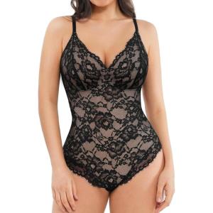 imagePopilush Shapewear Bodysuit V Neck Tummy Control Backless Lace Tank Tops Sleeveless Thong BodysuitBlack
