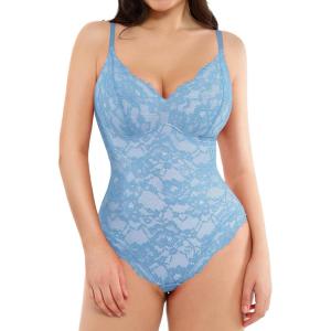 imagePopilush Shapewear Bodysuit V Neck Tummy Control Backless Lace Tank Tops Sleeveless Thong BodysuitBlue